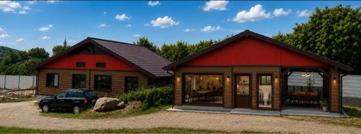 Visualisation of both wooden lodges — on the right the lodge under construction with a covered gazebo