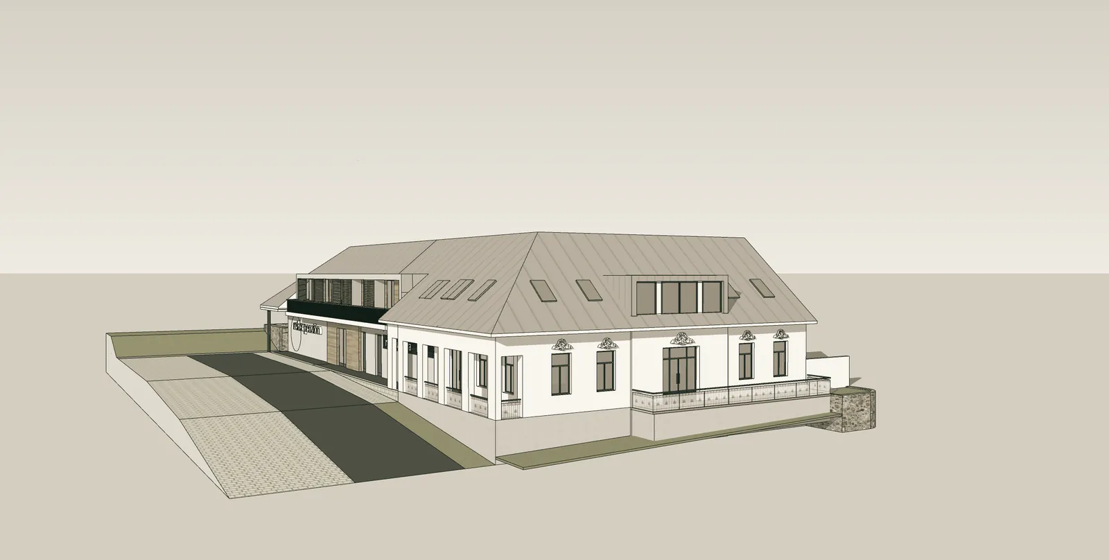 Architectural study of the guesthouse — view from the access road